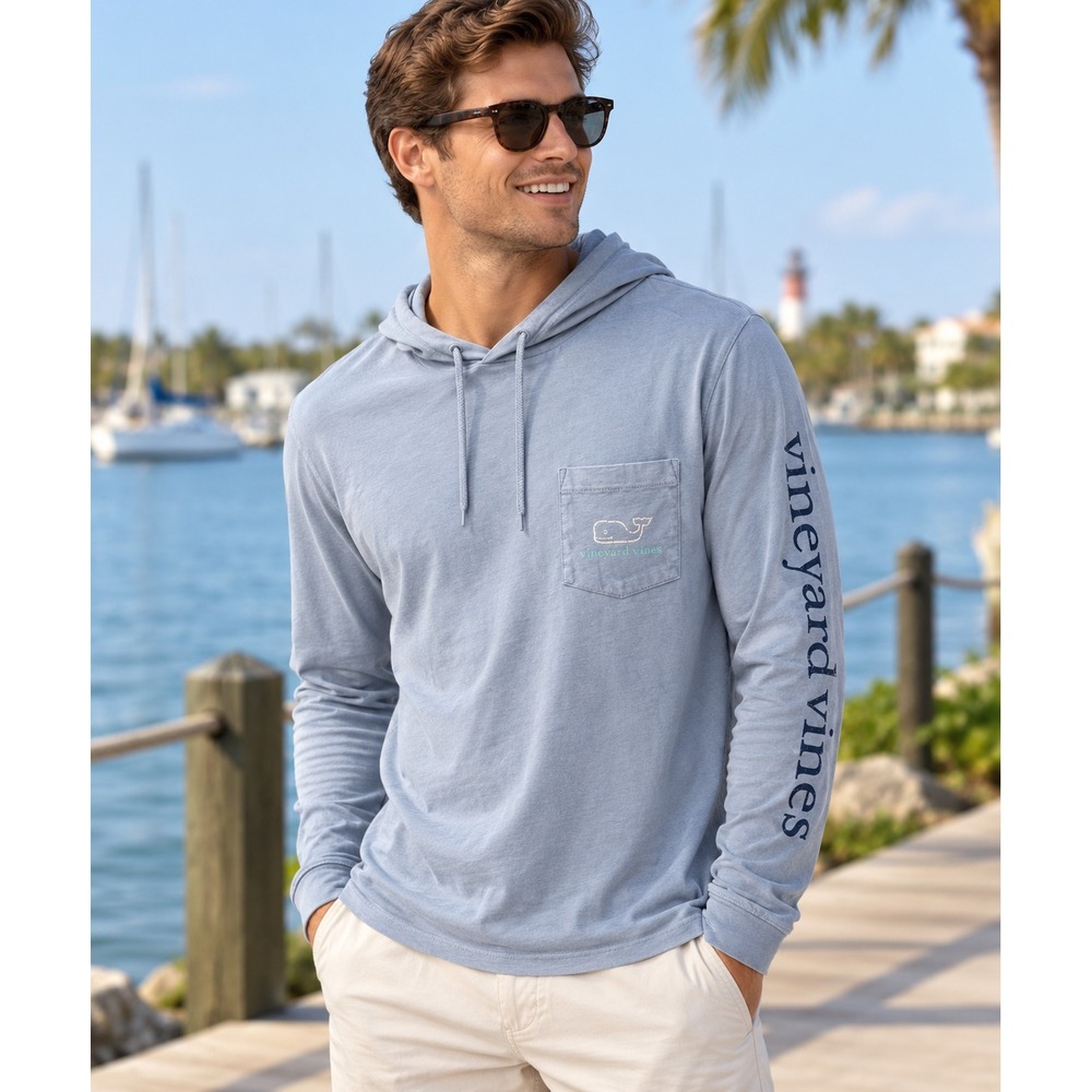 Vineyard Vines Hooded T-Shirt Mens Small Blue Long Sleeve Whale Logo 1V010965